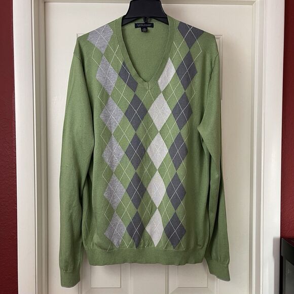 Banana Republic V Neck Sweater Mens Large Green Argyle Silk Cotton Cashmere - Picture 3 of 11